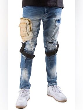 Decibel Utility Cargo Knee Harness Distressed Biker Denim Jeans size 32/32